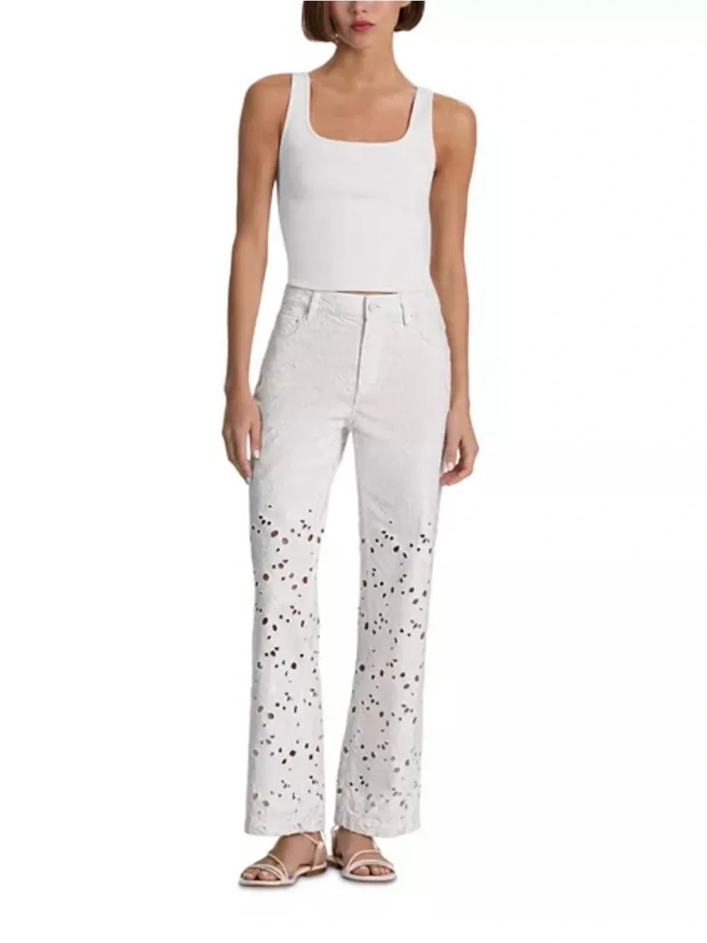 Alice + Olivia White Eyelet Jeans with Red Stitch Accents - Picture 4 of 14